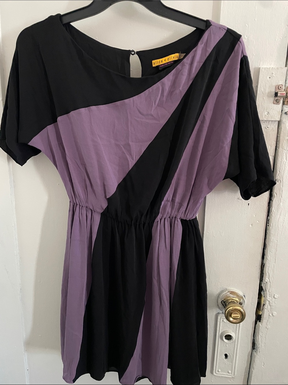 Alice + Olivia Black and Lavender Diagonal Colorblock Mini Dress